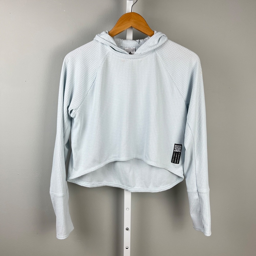 Adidas Adapt to Chaos Hoodie Shirt Top Womens Medium Light Blue Waffle Knit Crop